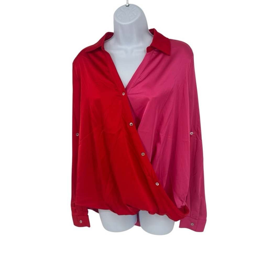 NWT ODDY Colorblock Pink Red Faux Button-Front Women's Wrap Office Blouse Small